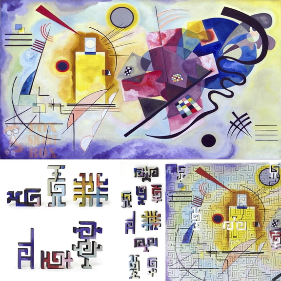 Wooden Jigsaw Puzzles for Adults with Uniquely Shaped Pieces - made in USA by FoxSmartBox - 300 Pieces - Challenge. Yellow-Red-Blue.