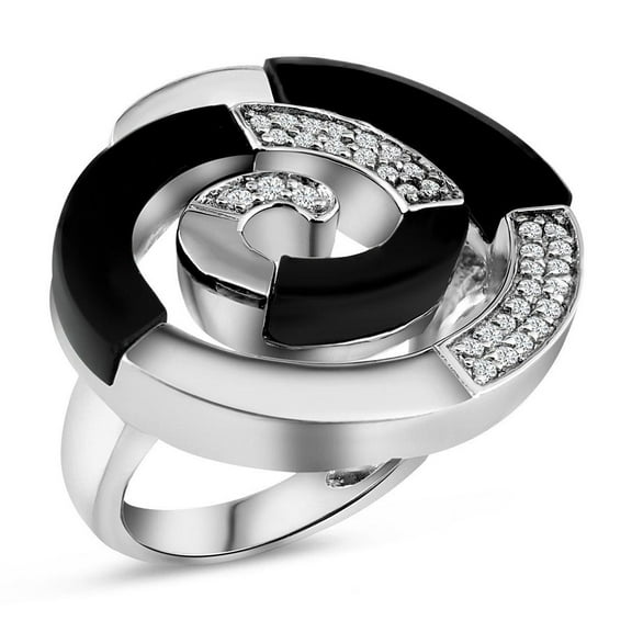 Sterling Silver 925 Rhodium Plated Simulated Black Onyx Clear CZ Spiral Ring White Female Size 5