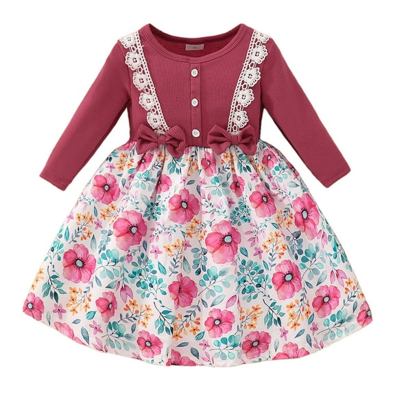 LUOGENLI Dresses for Girls 12-14 Trendy Toddler Girls Long Sleeve Floral Prints Princess Dress Dance Party Dresses Fall Winter Clothes Dresses for Girls Size 14-16 2-3 Years