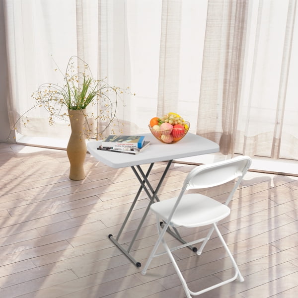 Alvantor Adjustable Folding Table, 30 x 20 in Small HDPE Portable Personal Table with Steel Legs, White Gray, Indoor Outdoor Use