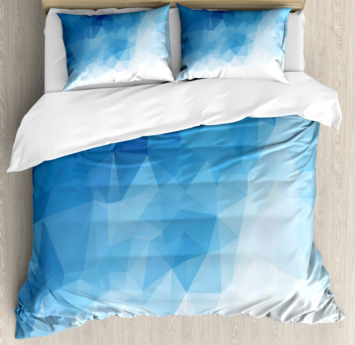 Blue Duvet Cover Set Queen Size, Abstract Polygonal Blue Ombre Effect