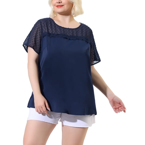 Plus Size Blouse for Women's Top T Shirt Contrast Panel Dots Summer Short Sleeve Blouse Navy Blue 3X