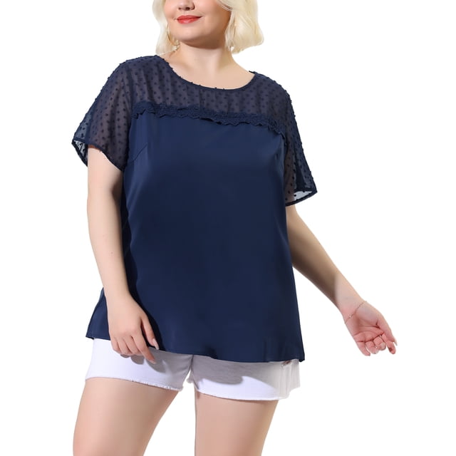 Plus Size Blouse for Women's Top T Shirt Contrast Panel Dots Summer Short Sleeve Blouse Navy Blue 2X