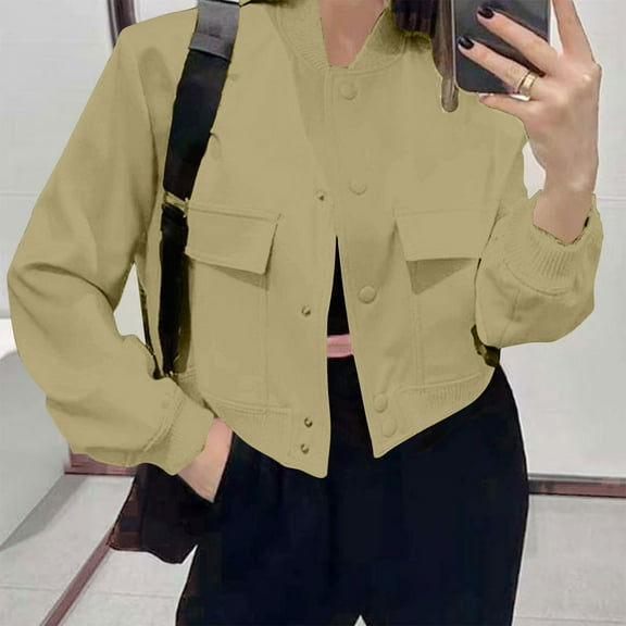 Pounoo Gift Cropped Bomber Jackets for Women Short Button Down Long Sleeve Jacket Casual Varsity Jackets with Pockets