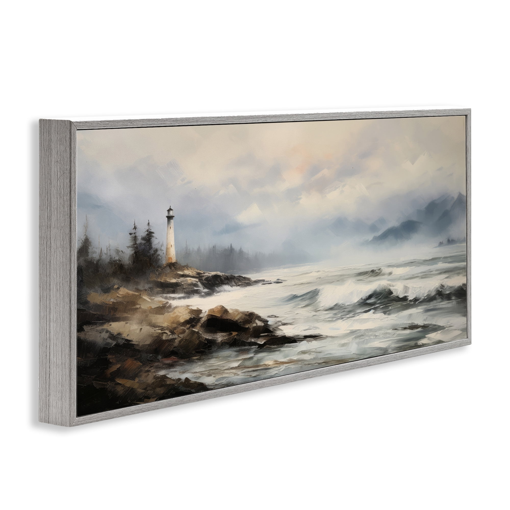 Stupell Industries Coastal Lighthouse Waves Coastal Painting Gray Framed Art Print Wall Art, 30 x 13