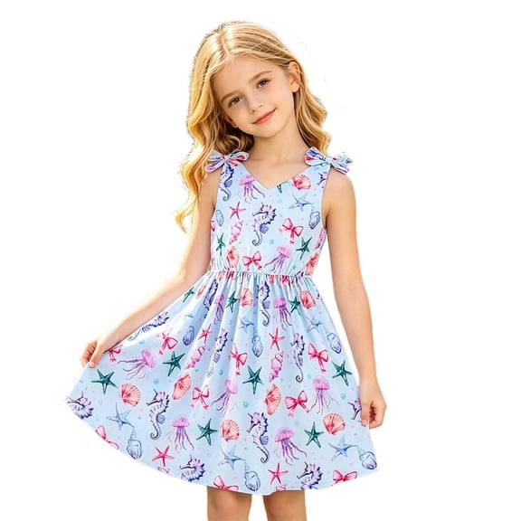 WhouRiu Girls Casual Cartoon Graphic Dresses Sleeveless V Neck A Line Dress Kids Comfortable Cute Summer Everyday Sundress,5-6 Years