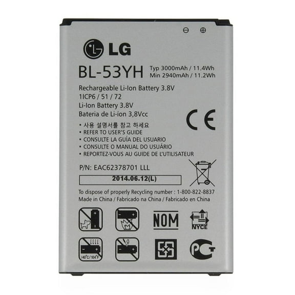 LG G3 Cell Phone Li-ion Battery 3.8V Typ 3000mAh 11.4Wh BL-53YH EAC62378701