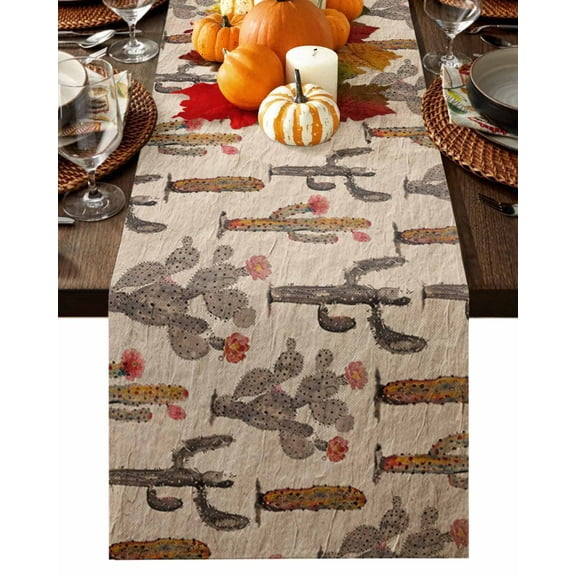 Cactus Flowers Table Runner-Cotton Linen- 72 Inch Holiday Dresser Scarves, Rustic Chic Old Tropical Fruit Watercolor Tablerunner for Kitchen Coffee/Dining Bedroom Living Room Dinner Scarf Décor 13x72