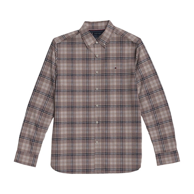 Tommy Hilfiger Mens Brushed Plaid Button Up Shirt, medbeige, L Neck