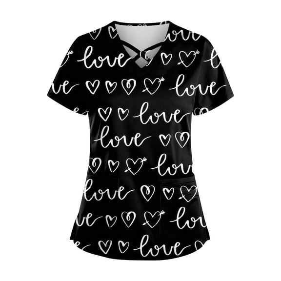 Womens Nurse Uniforms Summer Love Heart Printed V Neck Breathable Scrub Tops Short Sleeve Professionals Soft Stretch Valentine's Day T-Shirts with Pockets black Small