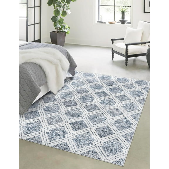 Unique Loom Kamala Washable Collection Area Rug - Modern Trellis (5' 3" x 8' Rectangle Ivory/Navy Blue)