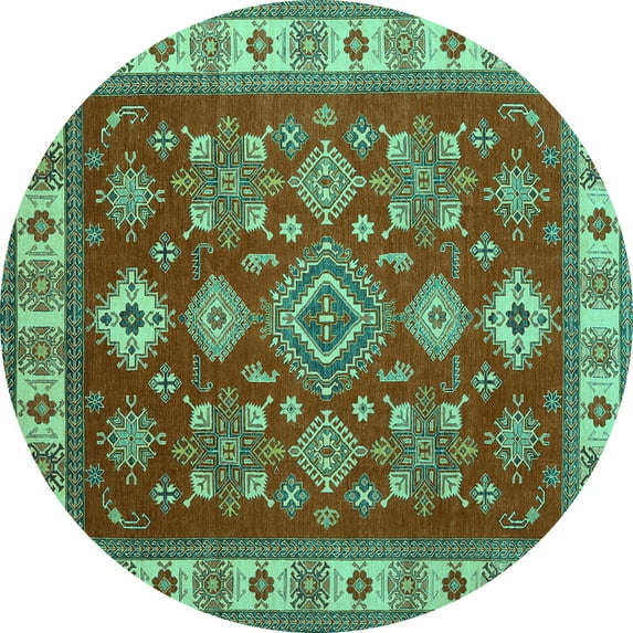Ahgly Company Machine Washable Indoor Round Geometric Turquoise Blue Traditional Area Rugs, 4' Round
