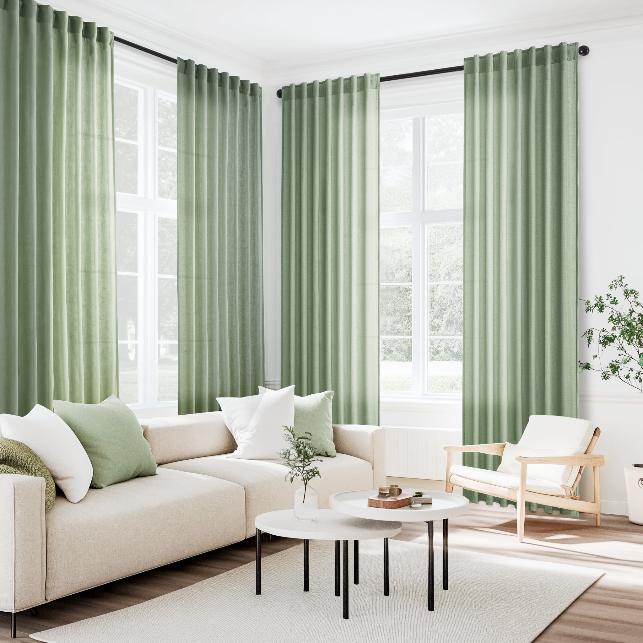 Jainmy Sage Green Linen Semi Sheer Curtains 90 Inches Long 2 Panels Set, Light Filtering Farmhouse Curtain Drapes for Living Room Bedroom,52"x90"