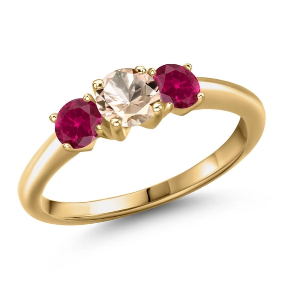 Gem Stone King 18K Yellow Gold Plated Silver Peach Morganite and Red Created Ruby Engagement Ring for Women | 0.90 Cttw | Round 5MM | Gemstone October Birthstone | Size 9