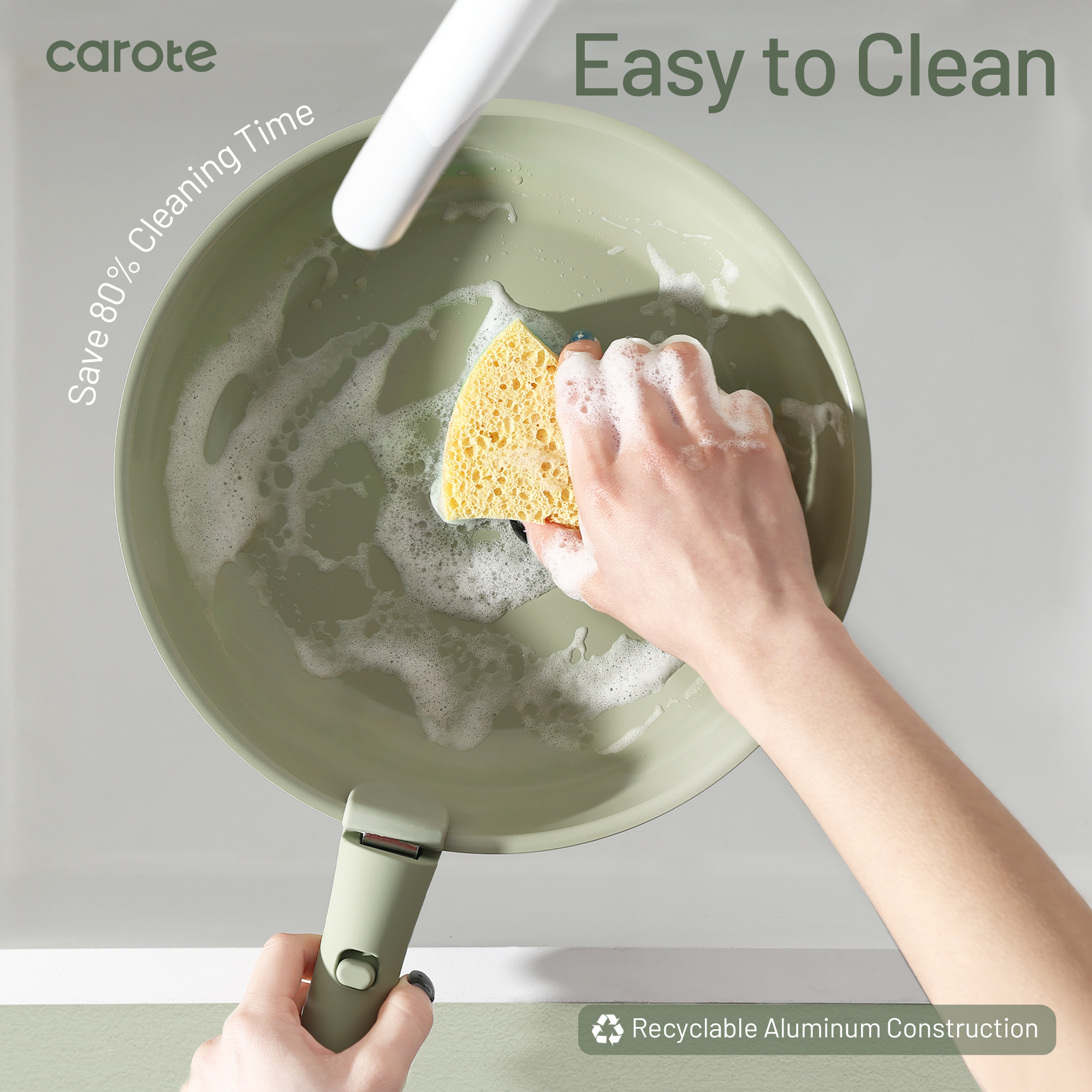 Carote 16-Piece Ceramic Nonstick Cookware Set, Pots and Pans Set with Detachable Handle, Induction Compatible, Oven & Dishwasher Safe, Sage Green