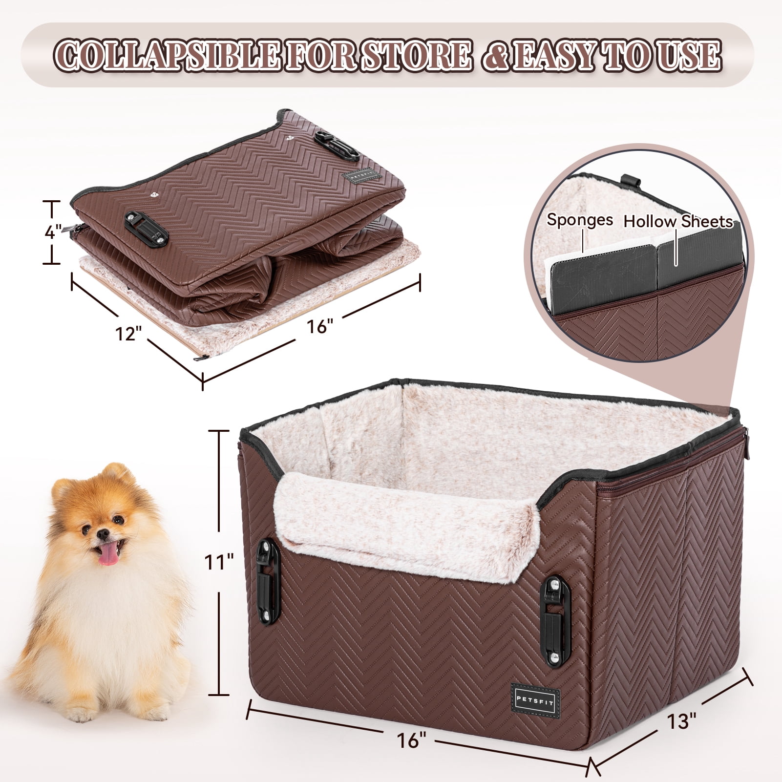 PETSFIT Car Seat for Dogs, Waterproof PU Leather Dog Car Seat for Small Dogs with Patent Safe Buckles, Clip-On Leash, Pet Travel Carrier Bed for Small Pets Up to 25lbs ，Brown