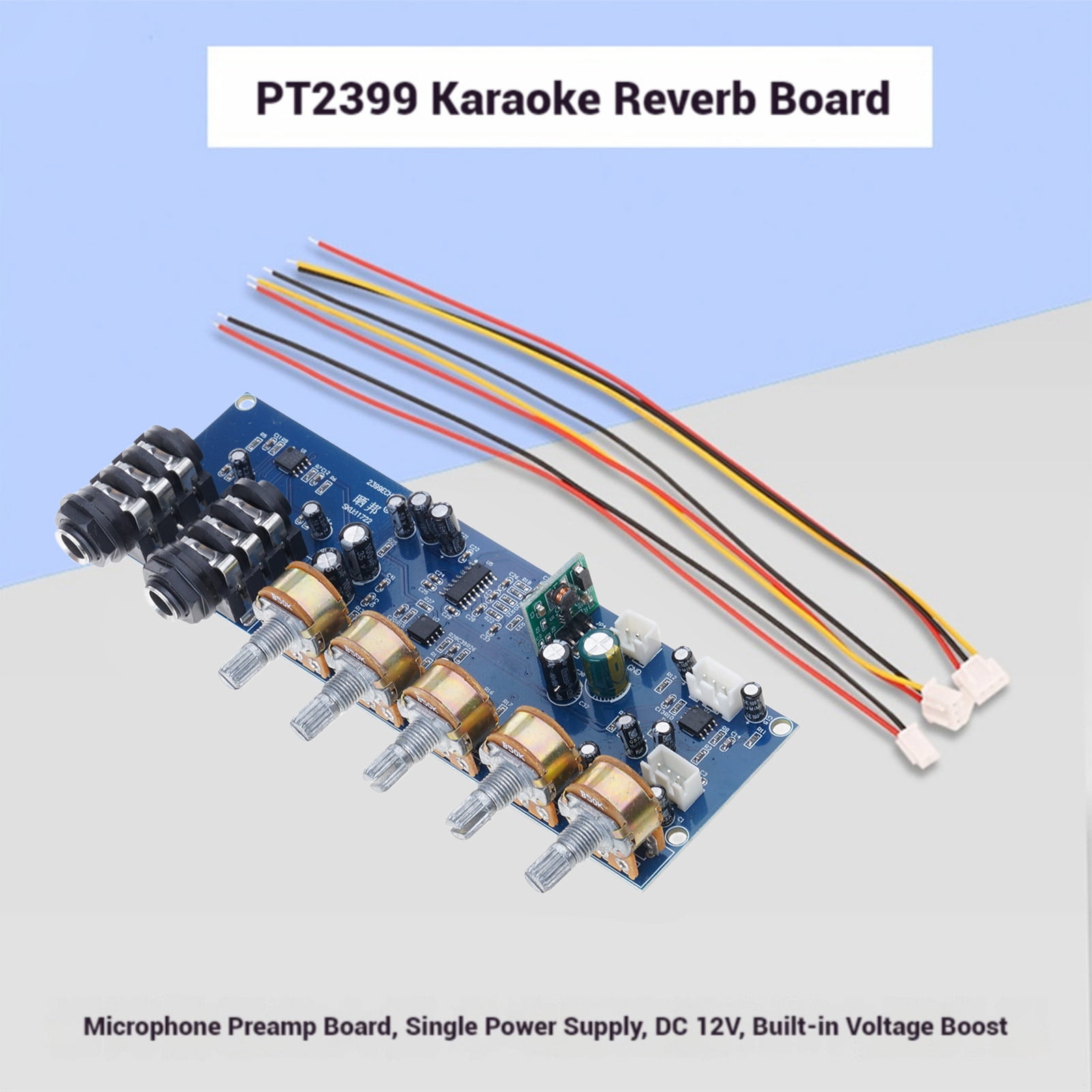 DC12V Powered Microphone Preamplifier Double Mic Input Karaoke Preamp Board PT2399 Digital Delay Adjustable Effects
