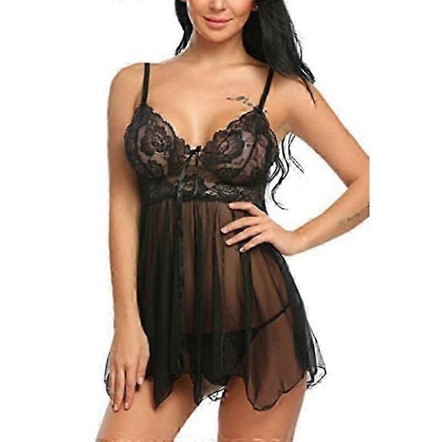 Camisón de lencería sexy de encaje para mujer, tallas S-4XL, transparente, para dormir, minivestido