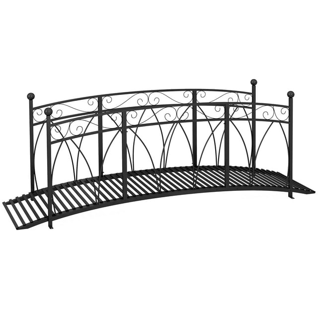 CoSoTower 8' Metal Arch Garden Bridge Arc Footbridge with Guardrails and Decorative Scrollwork, Black