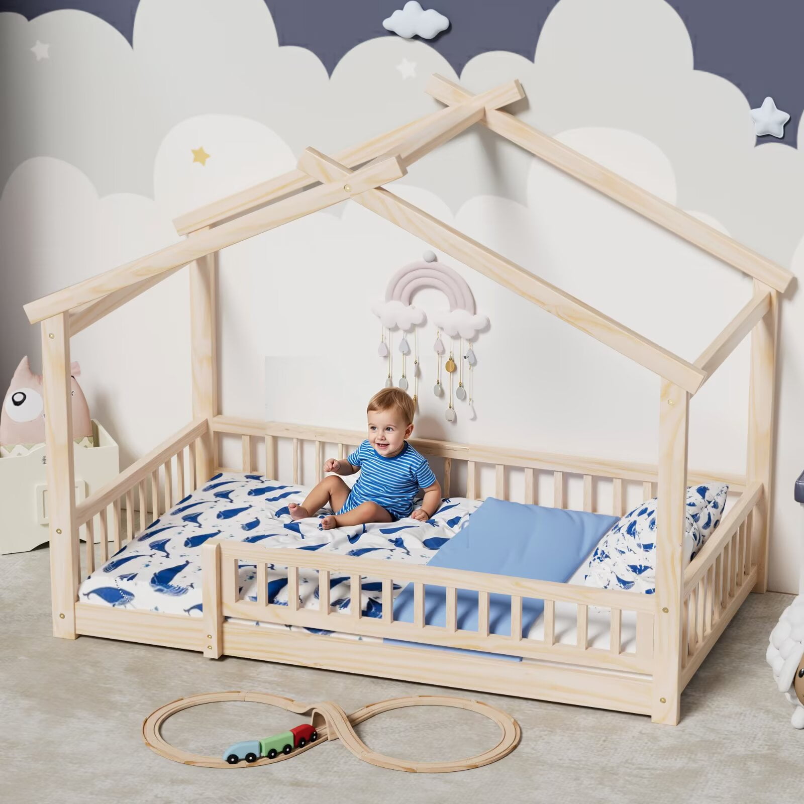 Twin Size House Bed with Fence, Wood Floor Bed with Roof, Montessori Bed Frame Playhouse Bed for Girls and Boys Bedroom, Easy Assembly, Natural