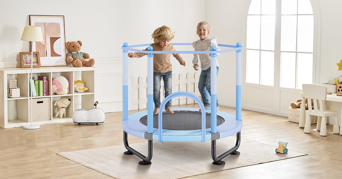 KFFKFF 60" Children's Trampoline, 5FT Trampoline for Indoor and Outdoor Use, Small Recreational Trampoline with Safety Net and Basketball Hoop, Ideal Birthday and Christmas Presents for Kids Aged 3