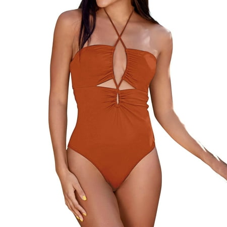 Clearance! Yajing Women s One-Piece Swimsuits Swimsuit Neckline Cutout Bathing Suit L Orange
