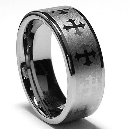 - 8MM Mens Tungsten Ring with Infinity Laser Etched Cross Design size 7 to 13