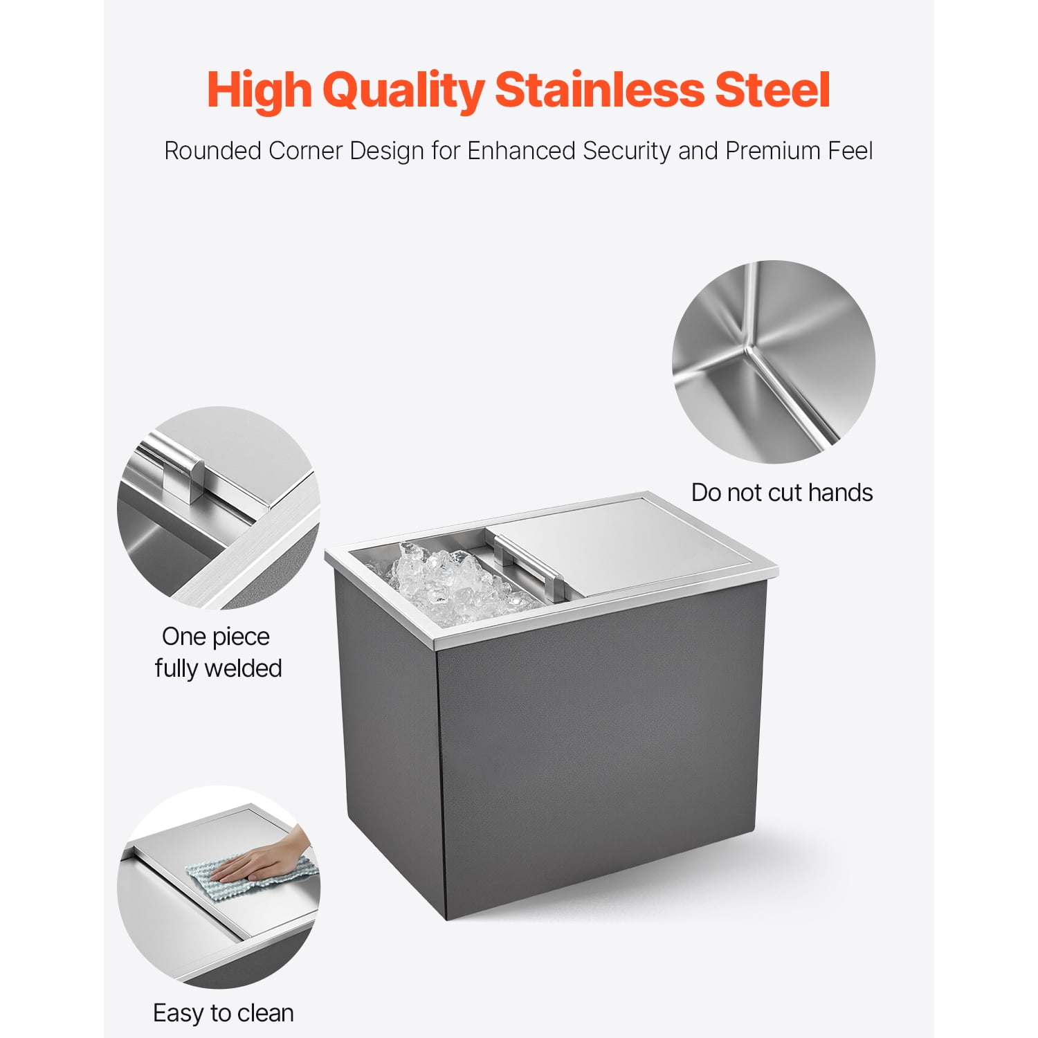 KFFKFF Stainless Steel Drop-in Ice Chest, 18"L x 12"W x 15"H, 28.6 Quart Cooler with Sliding Lid, Ideal for Outdoor Kitchens, Patios, and Bars, Includes Drain Pipe for Chilling Beverages
