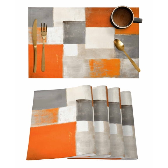 Burnt Orange Placemats Set of 6, Grey Modern Abstract Art Oil Painting Geometric Placemats for Dining Table, Place Mats for Kitchen Tabletop, Waterproof Wipeable Dining Table Mats Set