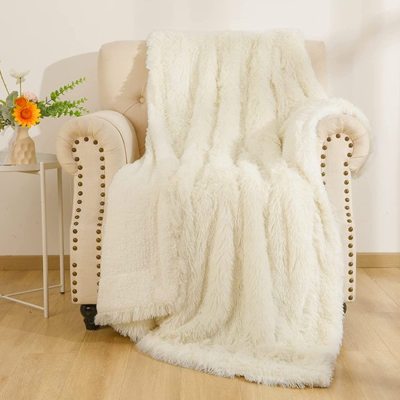 TWINNIS Super Soft Shaggy Long Faux Blanket, Washable Warm Throw Blanket for Couch Sofa Chair,60"x80",Cream White