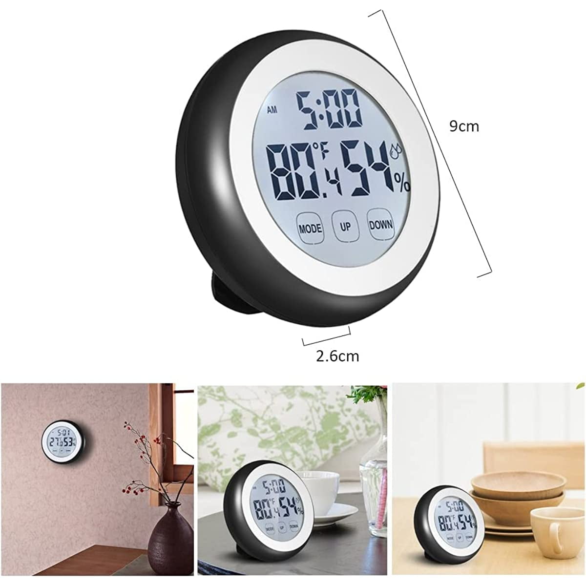 LINLIN Digital Hygrometer Thermometer Clock,Touch Screen Temperature Humidity Monitor Alarm Clock with Backlight Magnetic Battery Operated for Home Fridge Office Baby Room