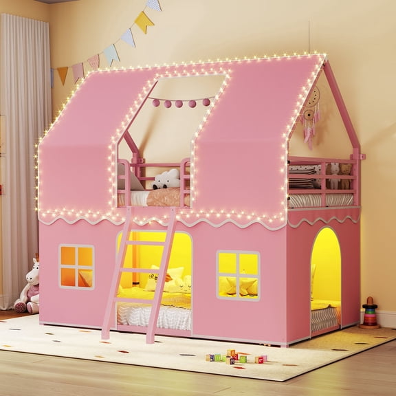 Plonmago Twin Over Twin Bunk Bed With Play Curtain, House Bunk Bed With Led Lights, Metal Bunk Bed With Inclined Ladder And 13.4" Guardrail, Space Saving, No Box Spring Needed,Pink