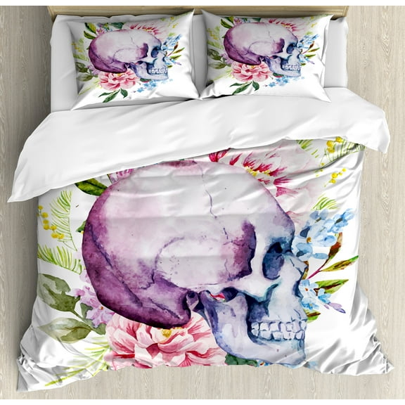 Skull Duvet Cover Set, Watercolor Abstract Dead Human Head with Floral Details Leaves Buds Flowers Print, Decorative 3 Piece Bedding Set with 2 Pillow Shams, King Size, Multicolor, by Ambesonne