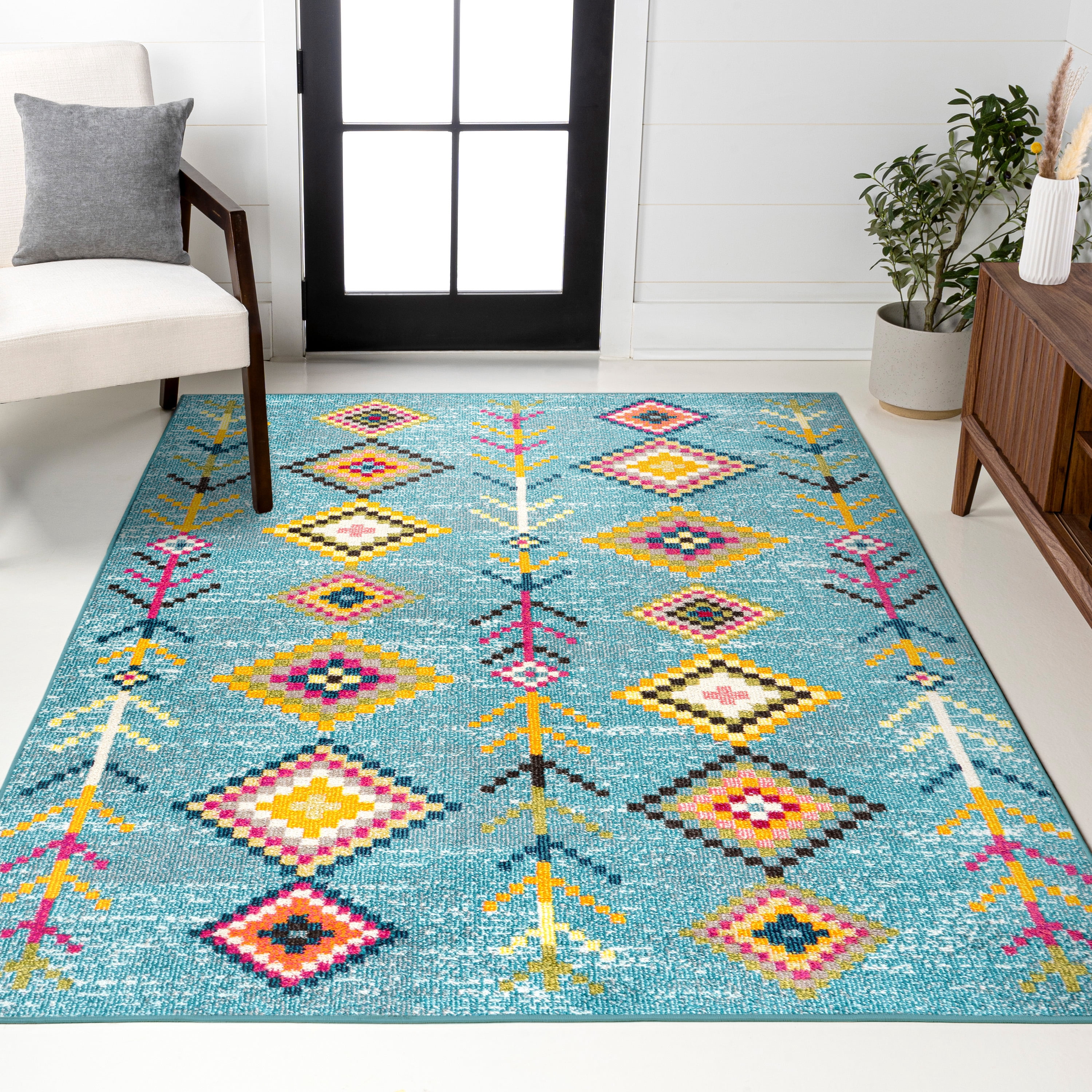 JONATHAN Y MOROCCAN HYPE 4 x 6 Area Rug, Tribal Love Geometric - Light Blue/Multi, MOH105D-4