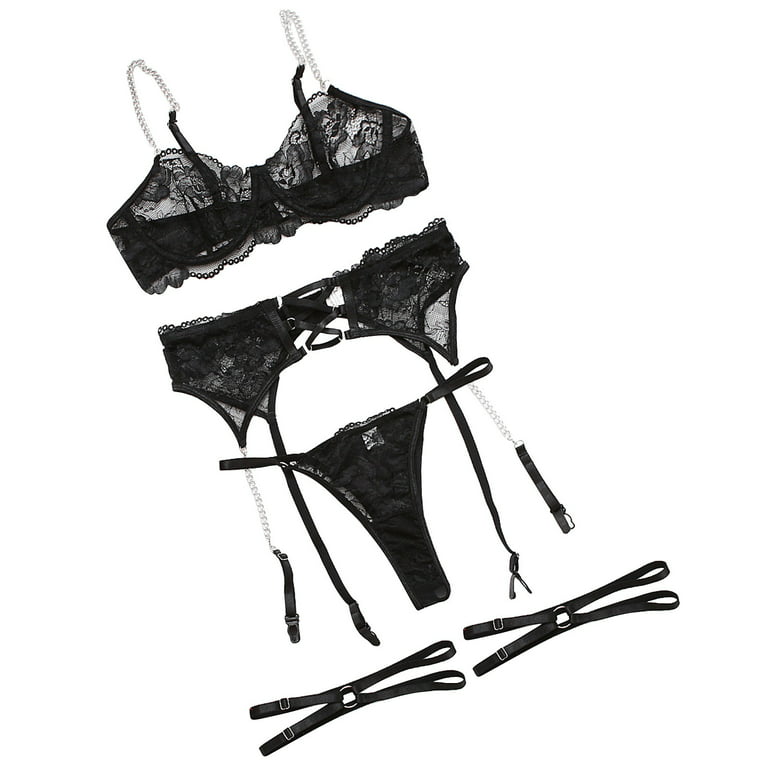 Hfyihgf Womens 3 Piece See-Through Sexy Lingerie Set with Garter Belt  Strappy Floral Lace Bra and Panty Sets Underwear Nightwear(Black,XXL)