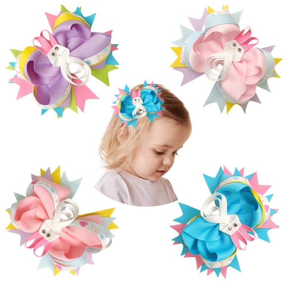 JoyBowie 4 Pcs 4.9 Inch Easter Bunny Multi-Layer Hair Bow Clips, Pastel Color Hair Accessories for Girls