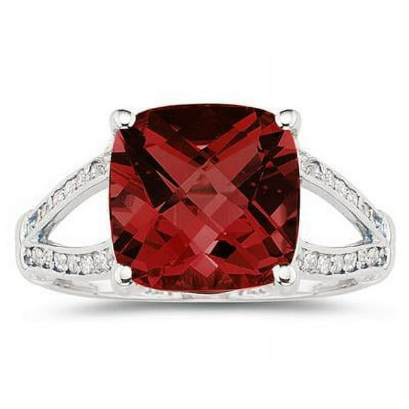 SZUL Women's Cushion Cut Garnet and Diamond Ring 10k White Gold