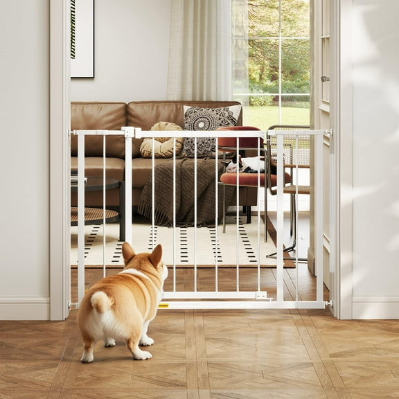 Dkelincs 30"Tall Dog Gate for Doorways & Stairs, Walk-Through Metal Pet Gates Adjustable Safety Gates Fits 28"-40"Wide Opening, White