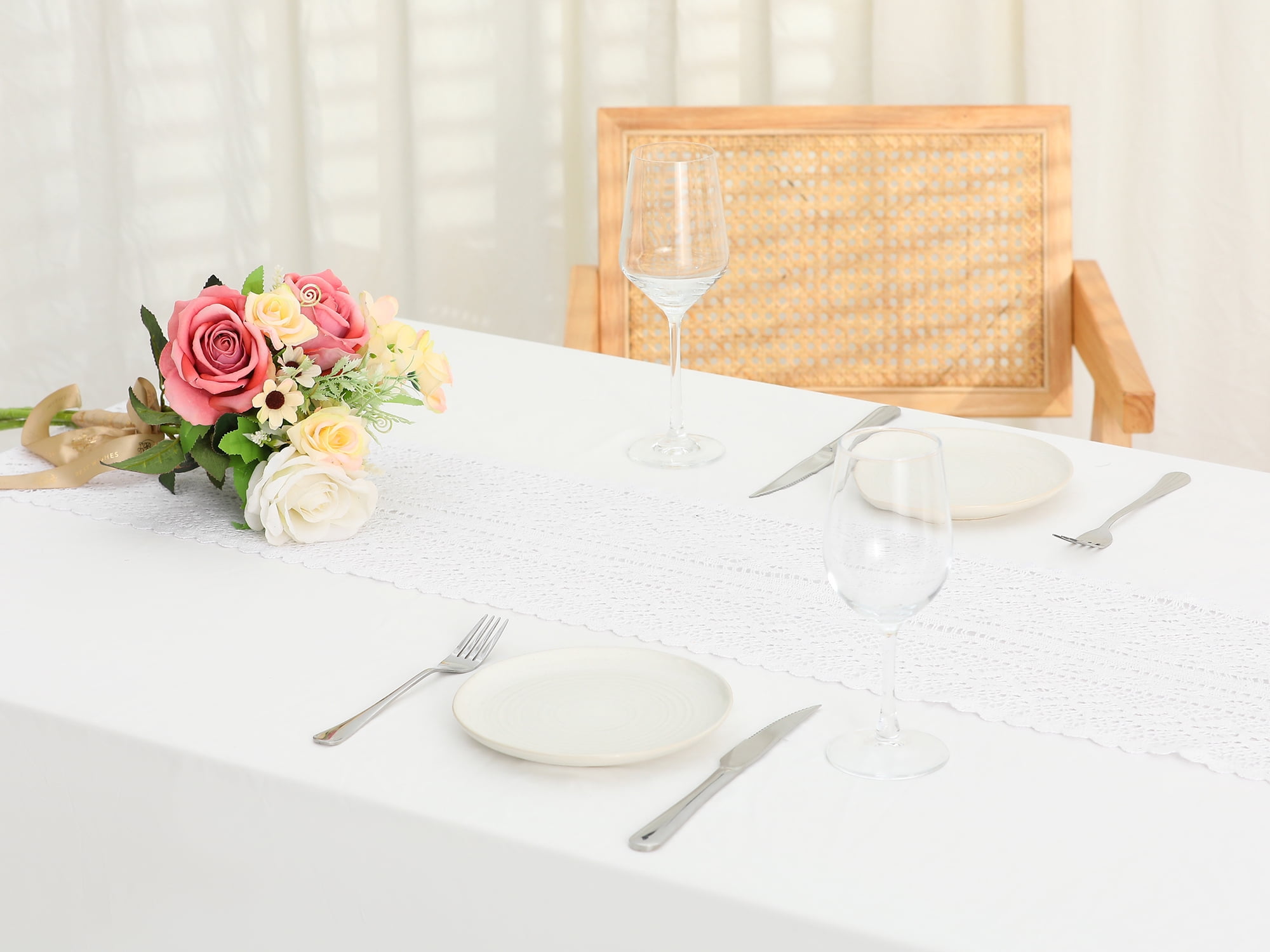Unique Bargains Table Runners with Lace Tassel Table Flags for Casual Daily Decoration White 9"x63"
