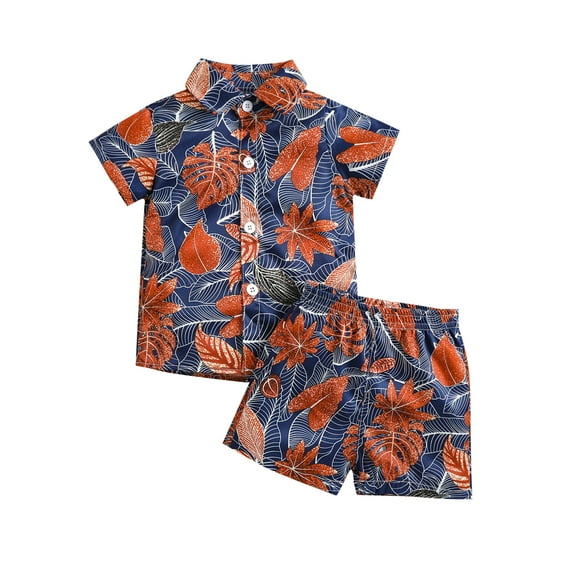Little Boy’s Beach Wear Set Fashion Plants Sailboat Print Short Sleeve Tops and Short Pants