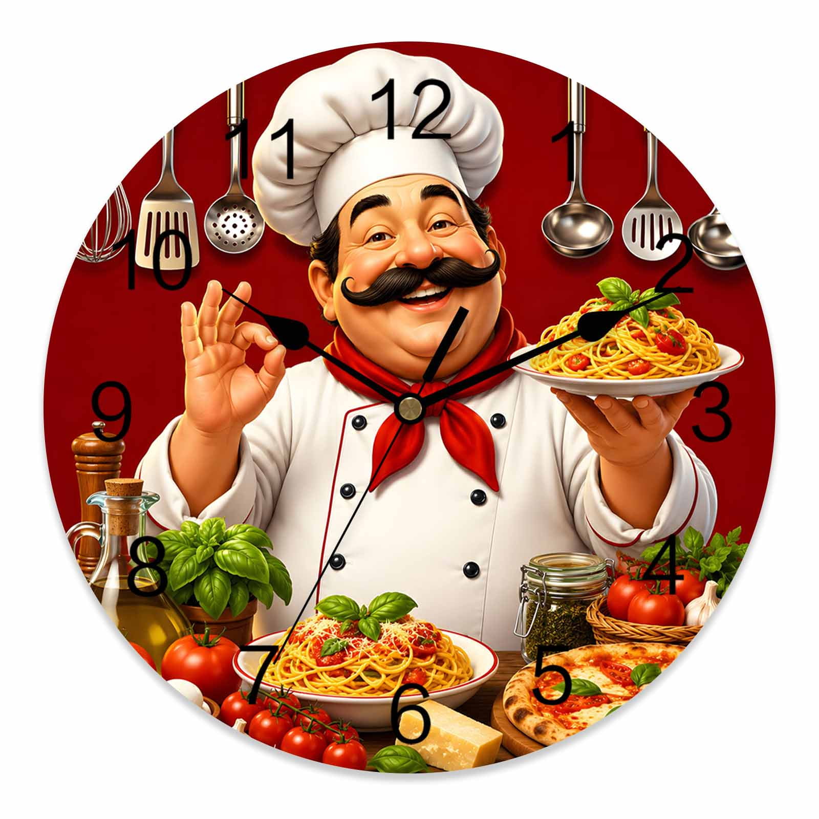 10 Inch Smiling Italian Chef Wall Clock, Kitchen Food Spaghetti Pasta Plate Pizza Red Battery Operated Silent Non Ticking Clocks, Easy to Read Round Wall Clock for Kitchen/Living Room/Bedroom
