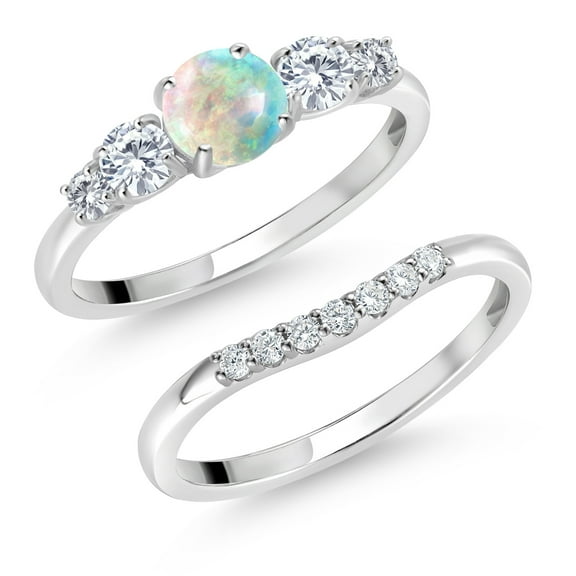 Gem Stone King 10K White Gold White Simulated Opal and White Lab Grown Diamond 5 Stone Bridal Engagement Wedding Ring Set for Women | 0.81 Cttw | Round Cabochon: 5MM and 3MM | Size 5