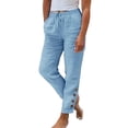 thumbnail image 2 of Women Linen Pants Summer Casual Drawstring Elastic Waist Pants Lightweight Capris Beachwear,Linen Pants with Pockets Side Button High Waist Comfy Gauze Pants Loose Trousers Ankle Cropped Pants L, 2 of 5