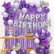 JOYYPOP Birthday Party Decorations Happy Birthday Balloons Banner with Purple and Silver Balloons Set, Purple Foil Fringe Curtain for Women Girl Birthday Party (Purple