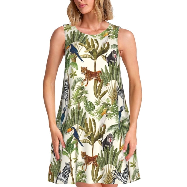 Balery Jungle Animals Vestidos de verano para mujer con estampado: vestido holgado sin mangas, vestido playero informal y cómodo para días calurosos.