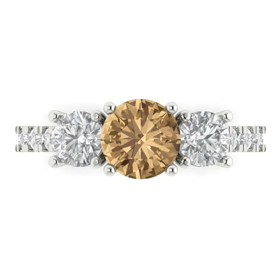 1.97 ctw 3 Stone Anniversary Ring for Women | Round Cut Simulated Champagne Diamond | Hyperallergenic Solid 14K White Gold