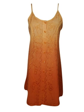 Mogul Women Tank Dress Orange Embroidered Summer Bohemian Midi Dresses M