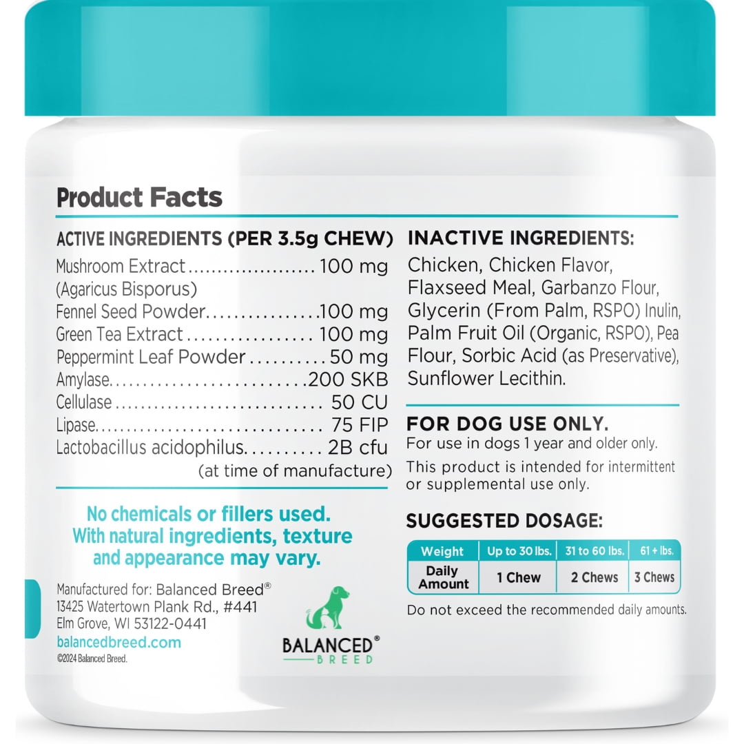 Balanced Breed Dog Probiotic & Odor Control Chews Bad Breath Digestion Enzyme Supplement Soft Chews, Chicken Flavor, 60 Count Jar