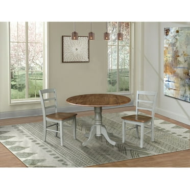 42" Solid Wood Dual Drop Leaf Pedestal Dining Table with 2 Madrid Ladder Back Chairs in Distressed Hickory/Stone by International Concepts