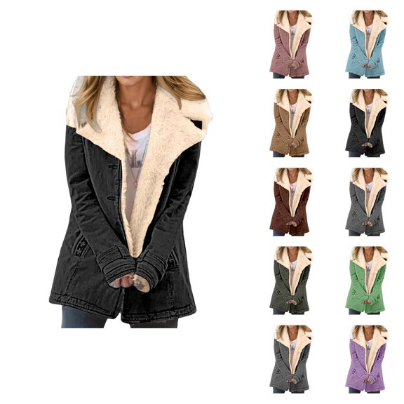 Womens Winter Jacket Long Sleeve Thick Warm Suede Button Notch Collar Cardigan Coat Outerwear with Pockets
